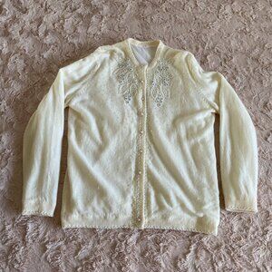 Vtg Size S/M 46 Cream Beaded Cardigan Sweater Pearl Button